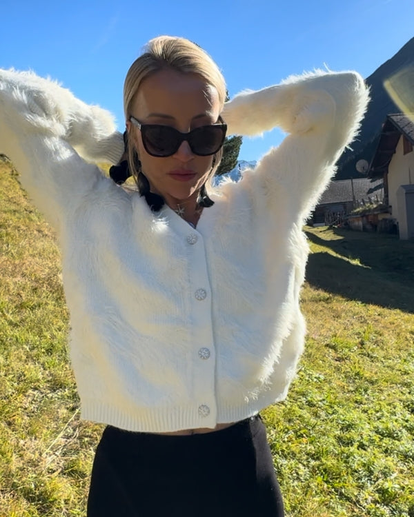 weisse elegante Damen Cardigan Fluffy Plüsch Effekt mit Glitzer Köpfen 