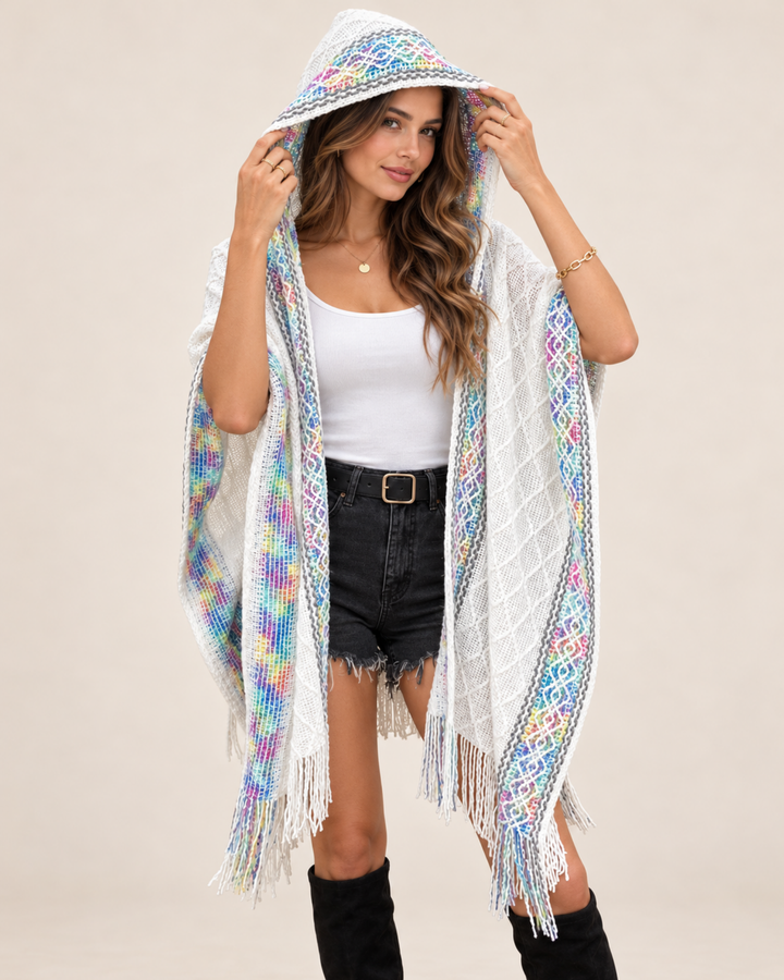 Damen-Kapuzenponcho Hippie Breeze mit dekorativem Fransensaum