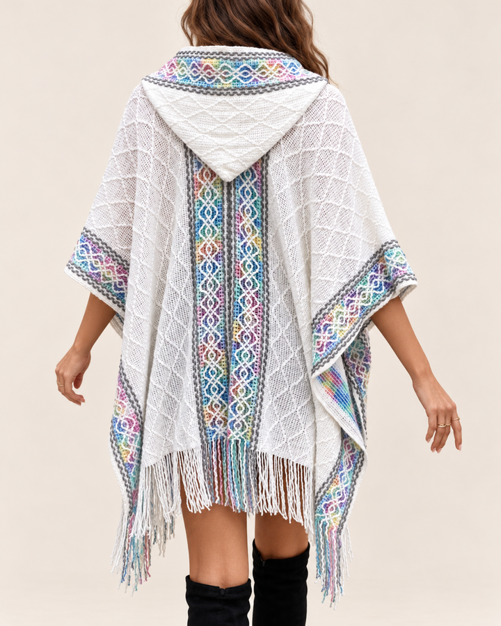 Weit fallendes Boho-Cape mit Kapuze und gemustertem Rückenstreifen