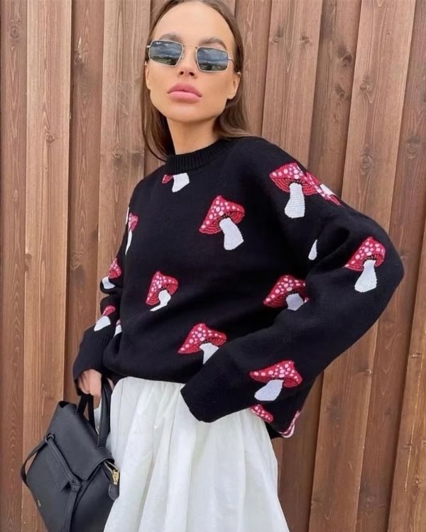 Stillvoller Pilz Strick Pullover aus Viskose - schwarzer Pullover Damen 