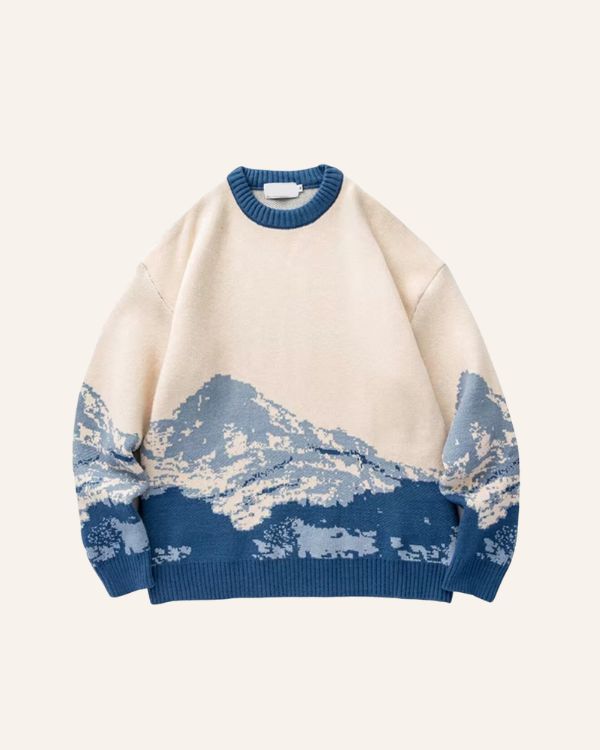 Herren Pullover mit Berg Muster - Blau-weisser Männer Bergpullover Unisex