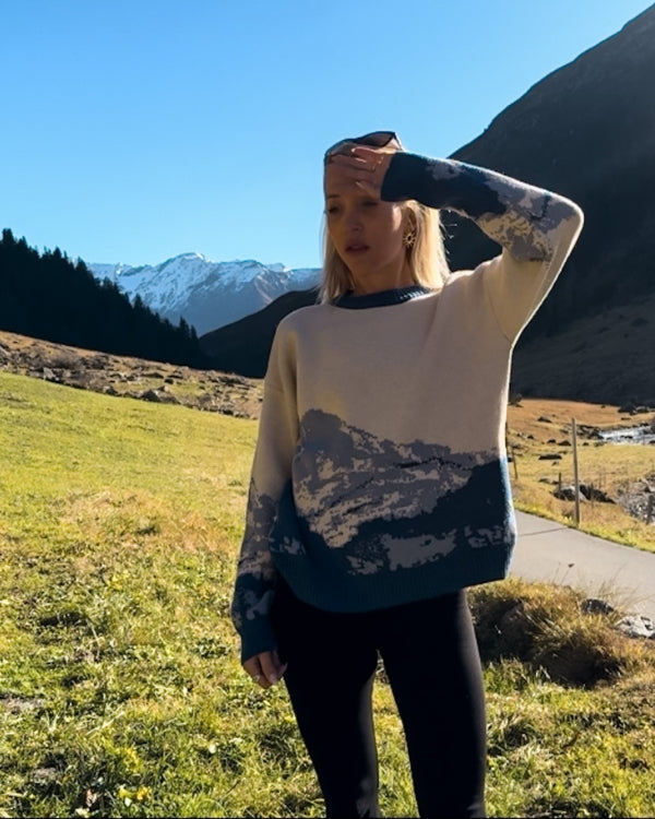Berg Pullover creme-weiss blau mit Berg Motiv - Kuscheliger Herbst Winter Pullover 