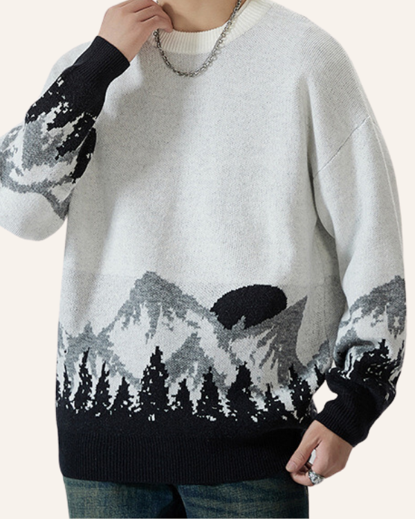 Winter Pullover Rundhals mit Berg Motiven in grau-schwarz 