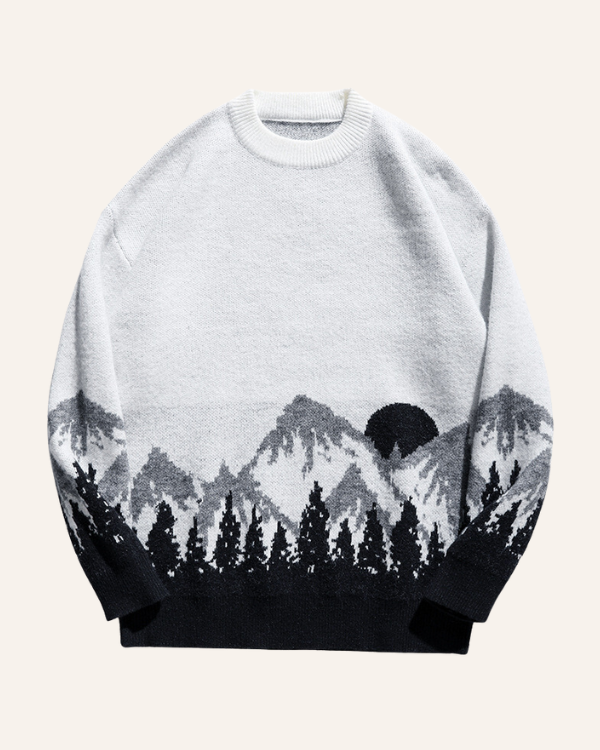 Grau-schwarzer Berg Pullover mit Berglandschaft Motiv - Stillvoller Unisex Winter Pullover