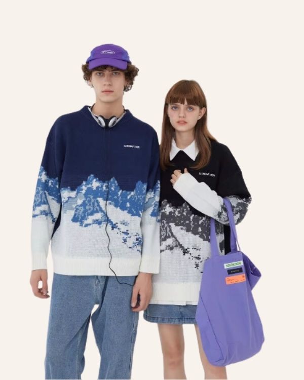 Moderner Unisex Pullover mit rundem Kragen und Berg Motiv 