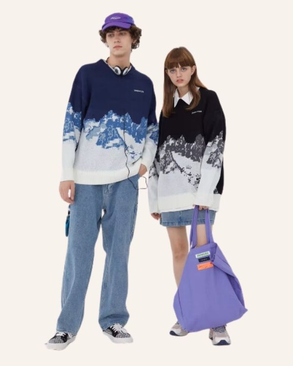 Moderner Winter Herbst Pullover Unisex für Sie und Ihn mit Berg Motiven 