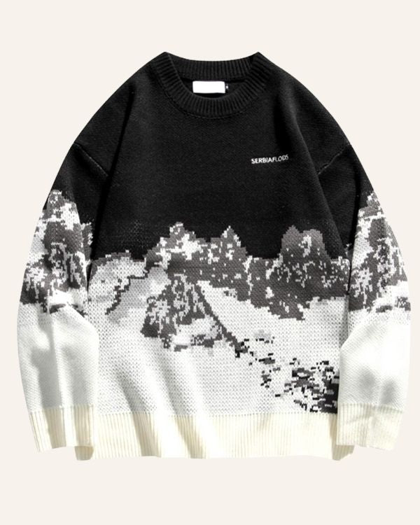 Schwarz-weisser Winter Herbst Pullover für Sie und Ihn mit Bergmotiven 