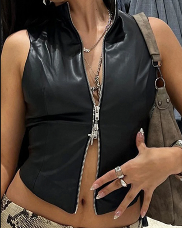 Schwarzes Kunstleder Top Damen mit Reissverschluss - Raver Festival Top