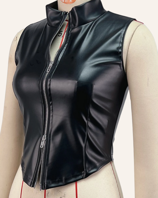 Rave Outfit Damen Top mit Kragen - Schwarzes Kunstleder Top 
