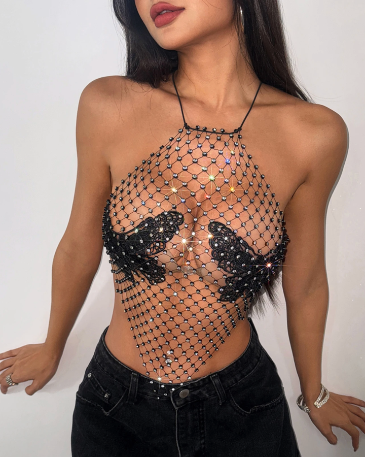 Schwarzes Strass Netzoberteil | Party Top