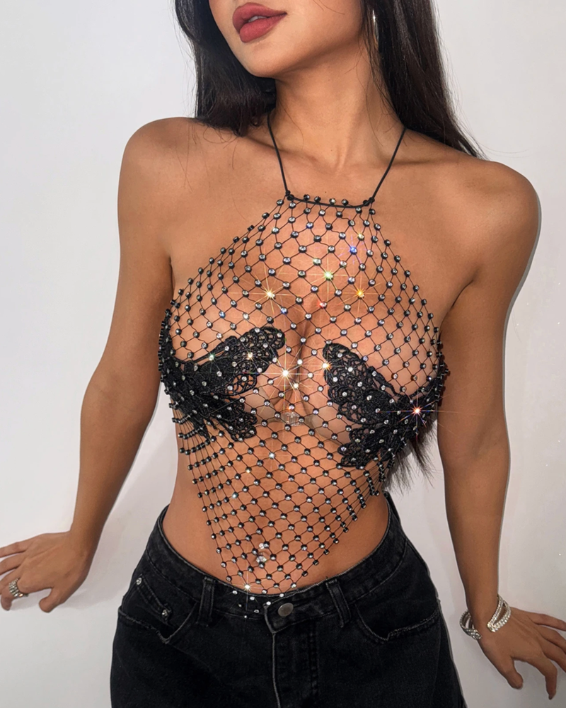 Schwarzes Strass Netzoberteil | Party Top