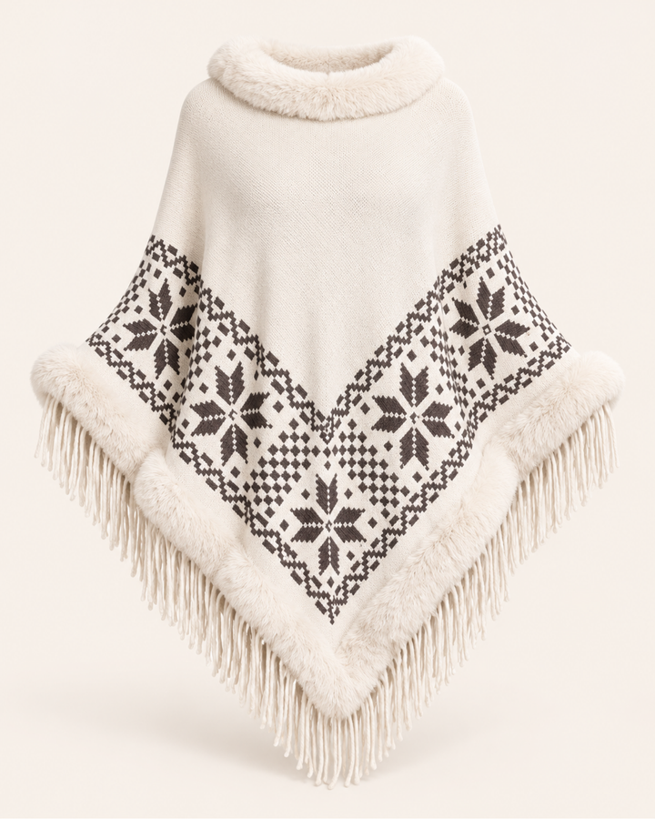 Weisser Poncho mit voluminösem Rollkragen und dunklem Muster