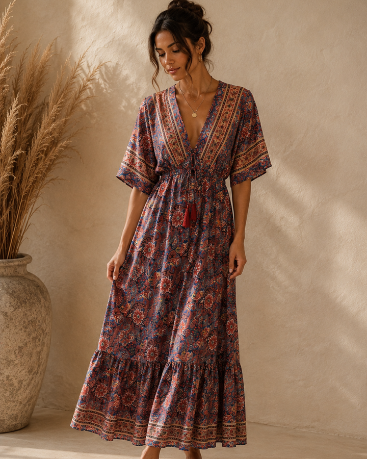 Boho Maxikleid Marrakesh rot für Damen | Langes Kleid mit Ärmeln 