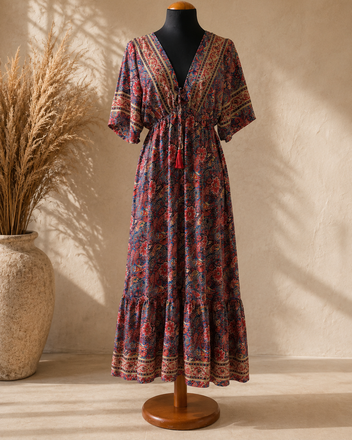 Langes Sommerkleid rot orange im Boho Style | Kleid mit V-Ausschnitt und Ärmeln 