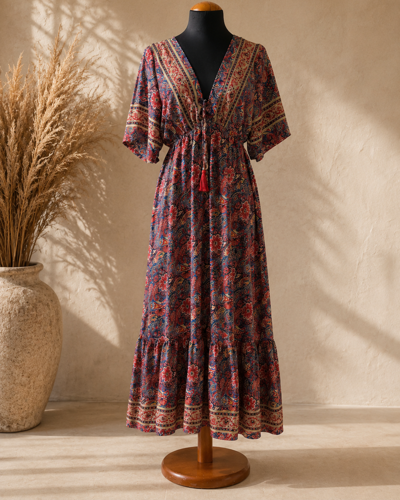 Langes Sommerkleid rot orange im Boho Style | Kleid mit V-Ausschnitt und Ärmeln 