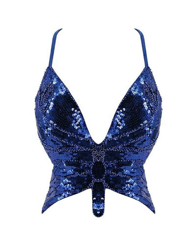 Dunkelblaues Schmetterling Pailletten Top zum binden auf der Rückseite - Schnürrung Crop Top 