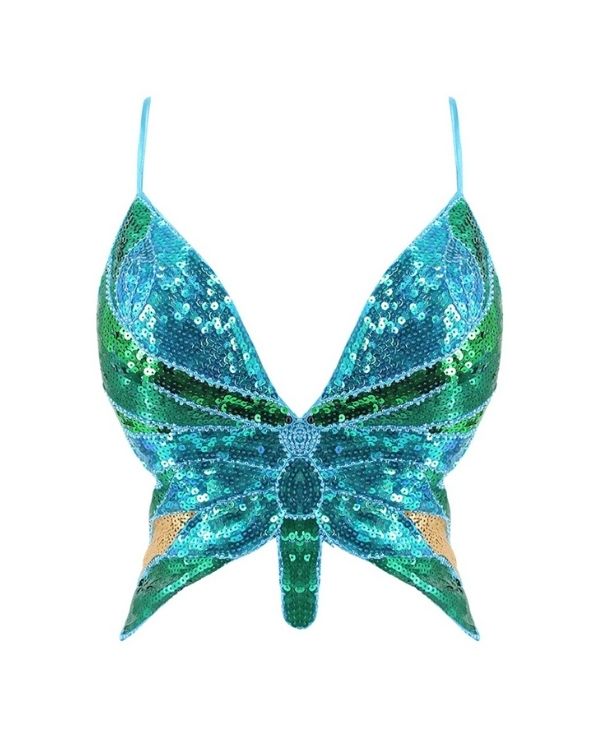 Türkis blaues Schmetterling Pailletten Top zum binden auf der Rückseite 