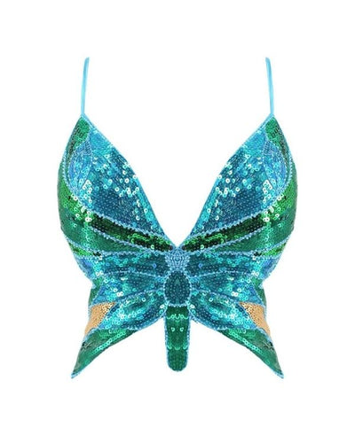 Türkis blaues Schmetterling Pailletten Top zum binden auf der Rückseite 