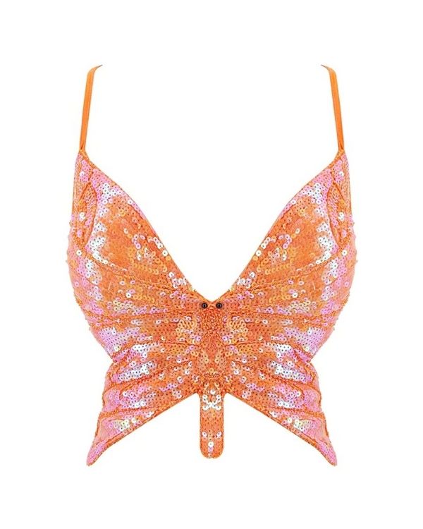 oranges Schmetterling Top aus Pailletten und mit Schnurr zum binden am Rücken 