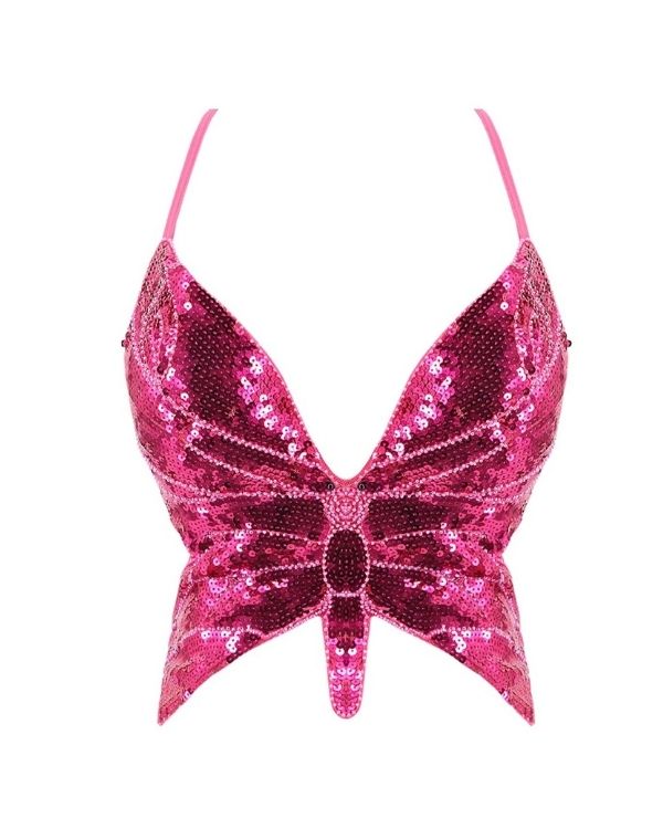 funkelndes Schmetterling Top in pink - Rückenfreies Crop Top aus Pailletten 