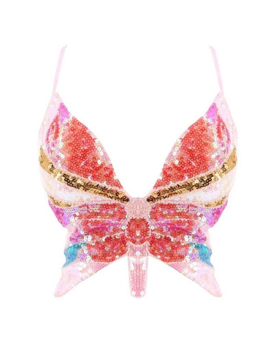 Hellrosa-Rot gemischtes Schmetterling Pailletten Crop Top zum Schnürren - Absolutes Festival Must-Have Top 