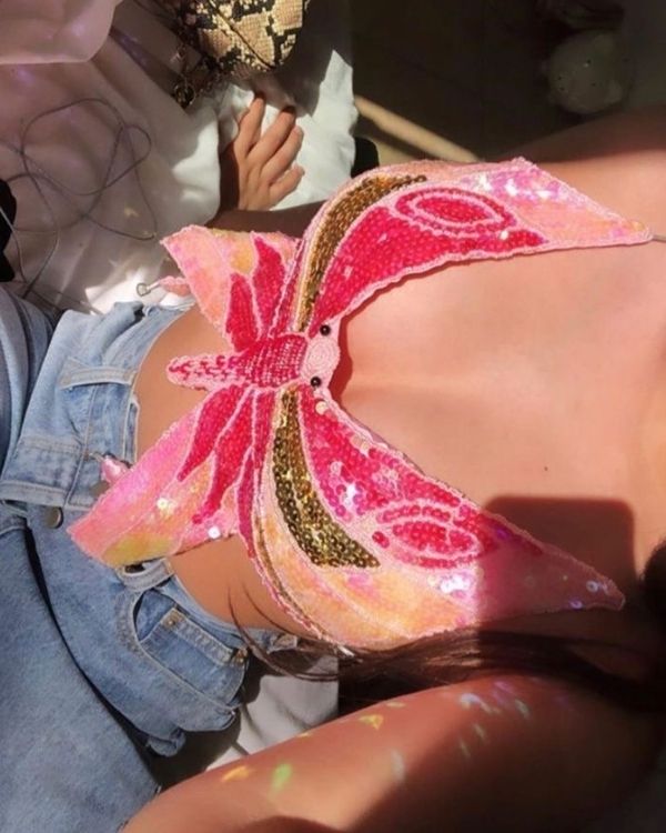 Eye-Catcher Funkelendes Pailletten Schmetterling Top zum binden am Rücken 