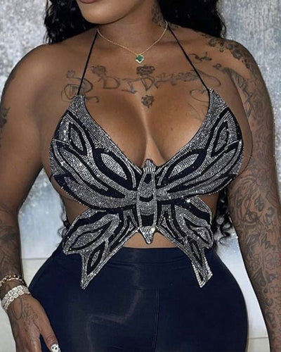 Glitzer Schmetterling Crop Top zum binden - Festival Rave Top in schwarz-silber gemischt 