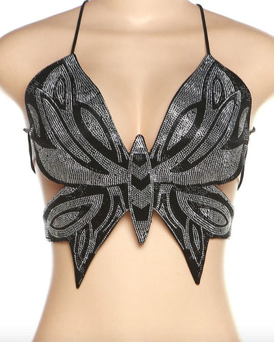 Schmetterling Top aus Glitzer Strassteinenen in schwarz-silber gemischt 