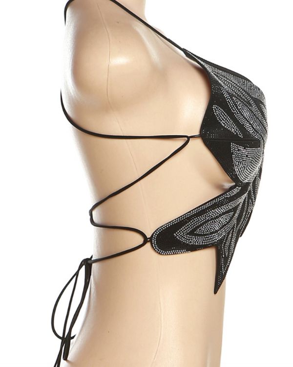 Rückenfreies Schmetterling Top in schwarz-silber gemischt aus Strassteinen 