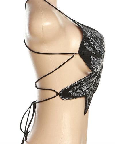 Rückenfreies Schmetterling Top in schwarz-silber gemischt aus Strassteinen 