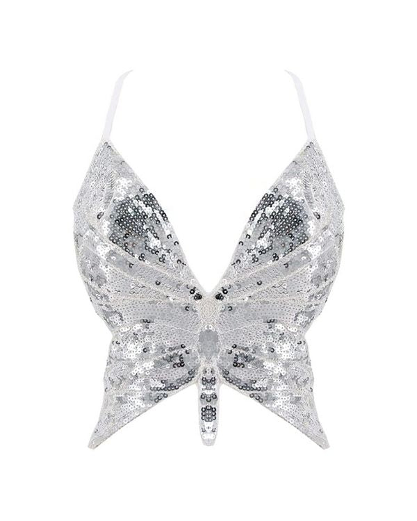 silbernes Pailletten Glitzer Schmetterling Crop Top zum binden auf der Rückseite 