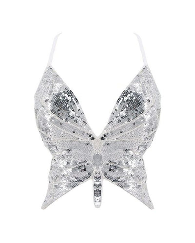 silbernes Pailletten Glitzer Schmetterling Crop Top zum binden auf der Rückseite 