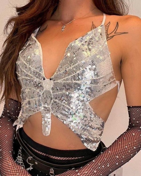 silbernes Glitzer Pailletten Schmetterling Top zum binden auf der Rückseite - Festival Party Top