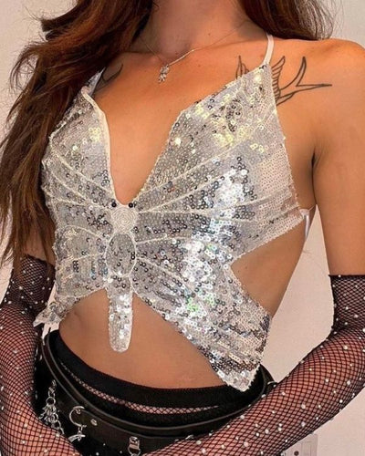 silbernes Glitzer Pailletten Schmetterling Top zum binden auf der Rückseite - Festival Party Top