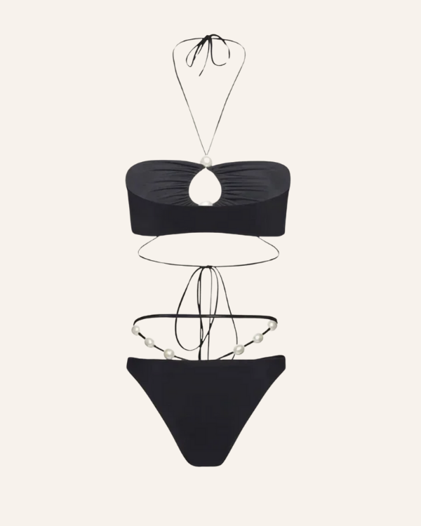 schwarzes Schnürr Bikini mit Bandeau und Perlen Details 