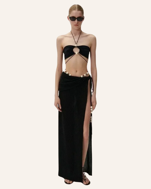 Bikini Set mit Perlen-Details in Schwarz - Chices Bikini Set mit langem Rock