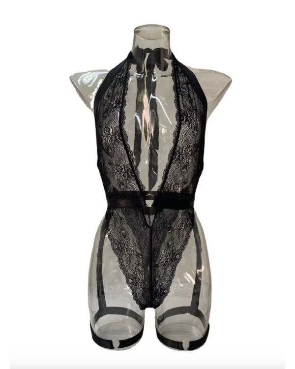Eleganter und erotischer Damen Body Dessous mit tiefem Ausschnitt und Beinstrapsen 