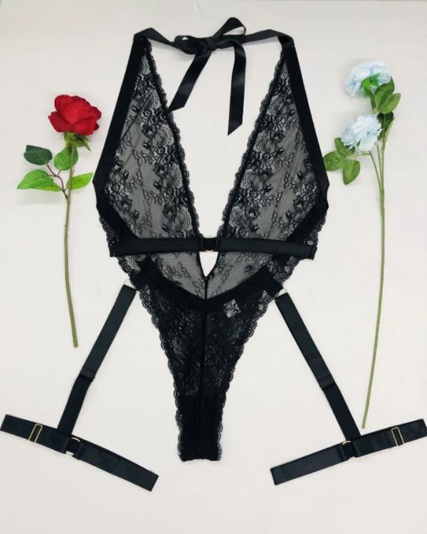 Rückenfreier Spitzen Bodysuit mit tiefem V-Ausschnitt