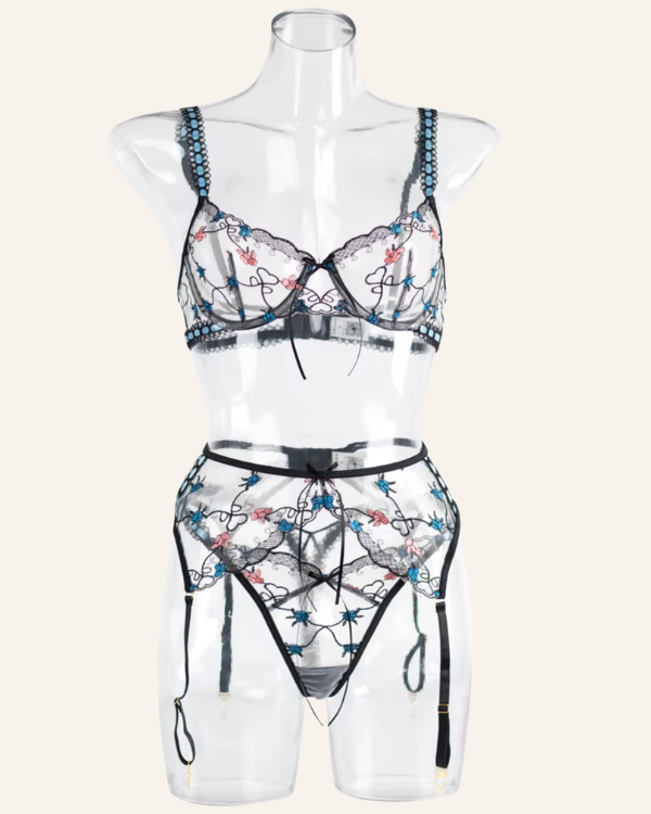schwarzes sexy dessous set transparent damen - floral blumen details 