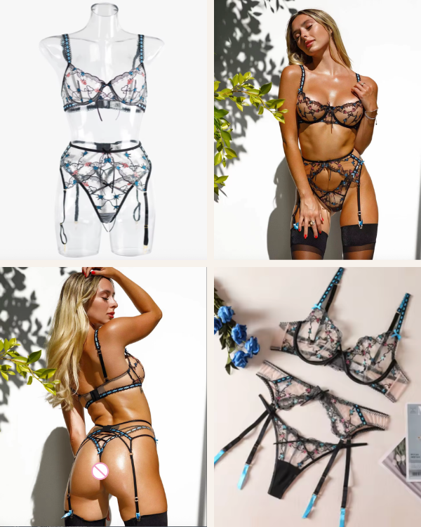 reizwäsche schwarz mit blumen stickerei damen | schwarz-blau dessous mit strapsenhalterung 