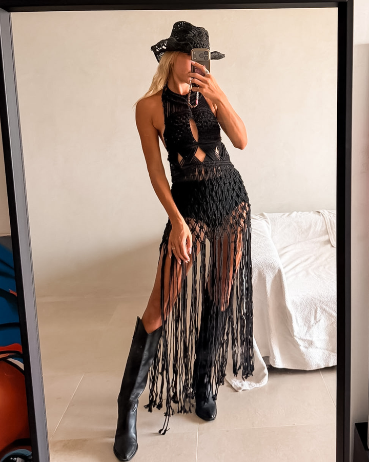 Schwarzes Makramee Kleid Netz | Langes Fransen Macrame Kleid 