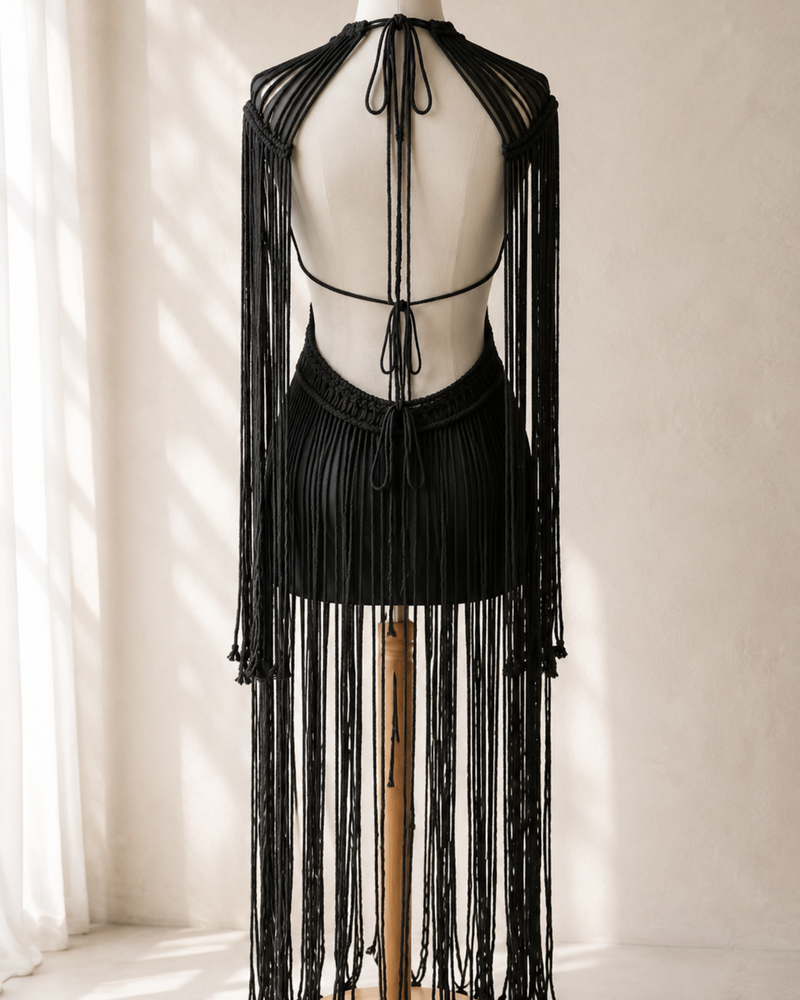 Makramee Festival Outfit Damen |  Boho Kleid mit Fransen
