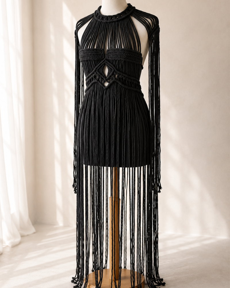 Handgemachtes Boho Festival Kleid schwarz | Makramee Kleid Ibiza Style