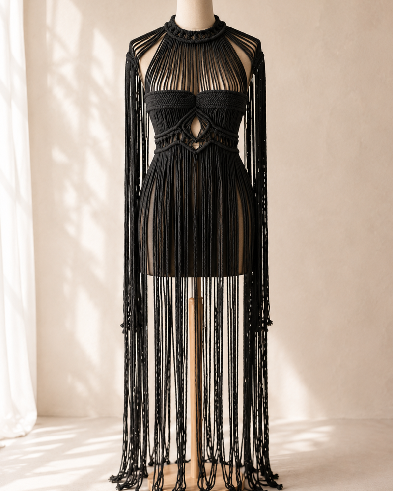 Festival Outfit Damen Makramee | Makramee Kleid schwarz 