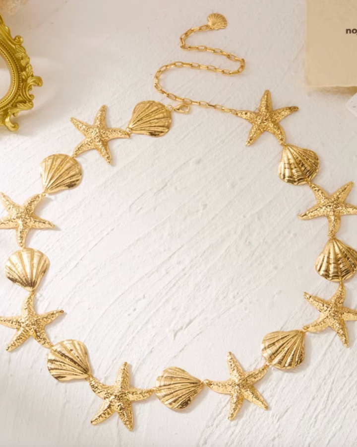 Hüftkette mit Seesternen | Goldene Boho Bauchkette mit Seestern und Muschel Motiven