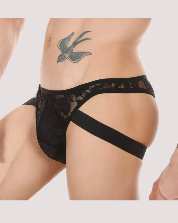 schwarze heisse erotische Herren Dessous Unterhose aus Floral Spitzen Lace Stoff 