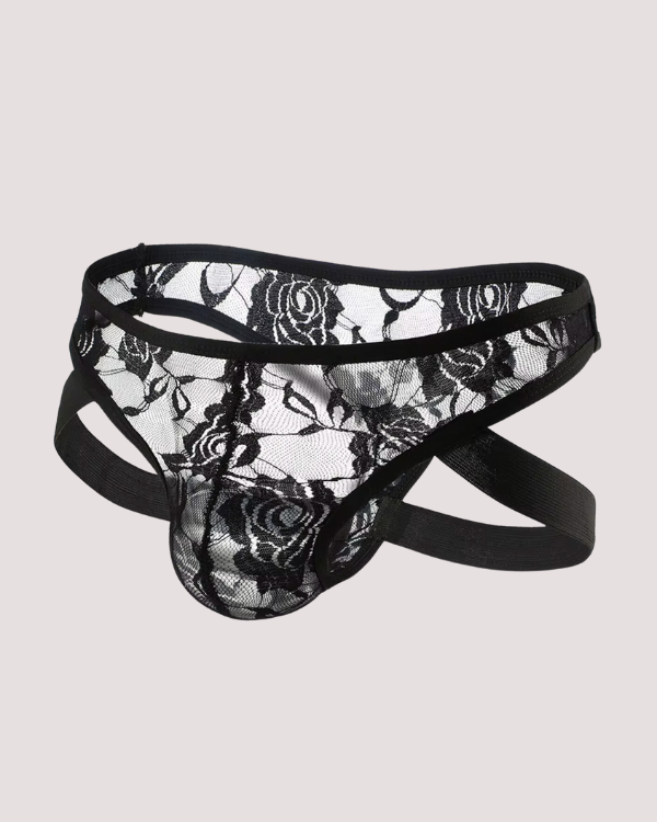 sexy schwarze Herren Dessous Unterhose aus Spitzen Blumen Stoff mit Bondage Schnallen auf den Seiten