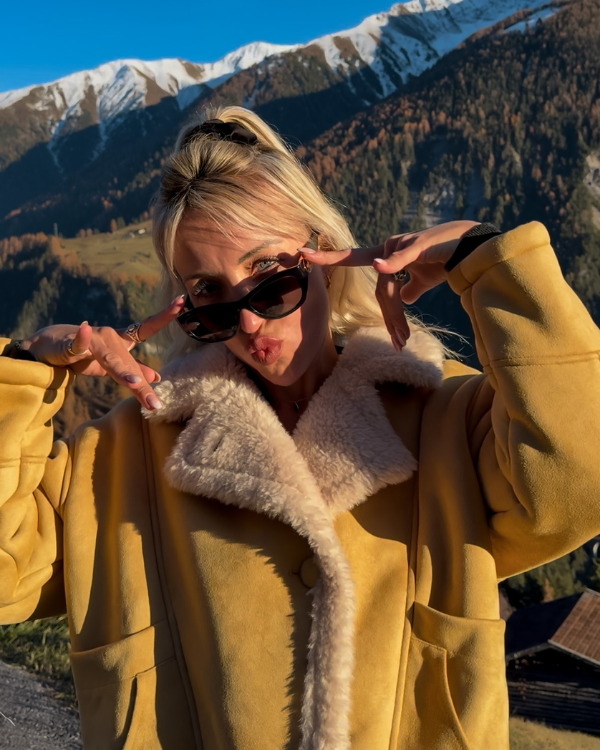 Warme stylische Damen Jacke mit Innenfutter - Shearling Jacke in Mustard Gelb 