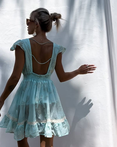 Rückenfreies Boho Baumwolle Kleid mit Ruffle Ärmel und Midi-Schnitt - Verspieltes Sommerkleid 