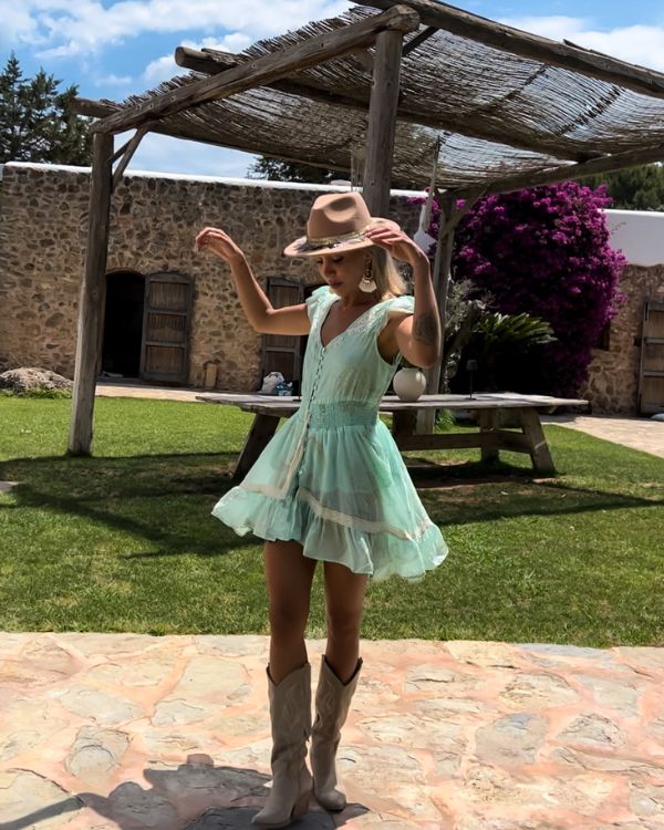 Hellgrünes türkis Boho Choc Midi Kleid Sommerkleid mit goldenen Paisley Mustern